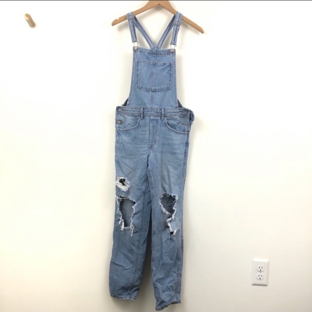 &Denim Blue Baggy Distressed BF Overalls SZ2